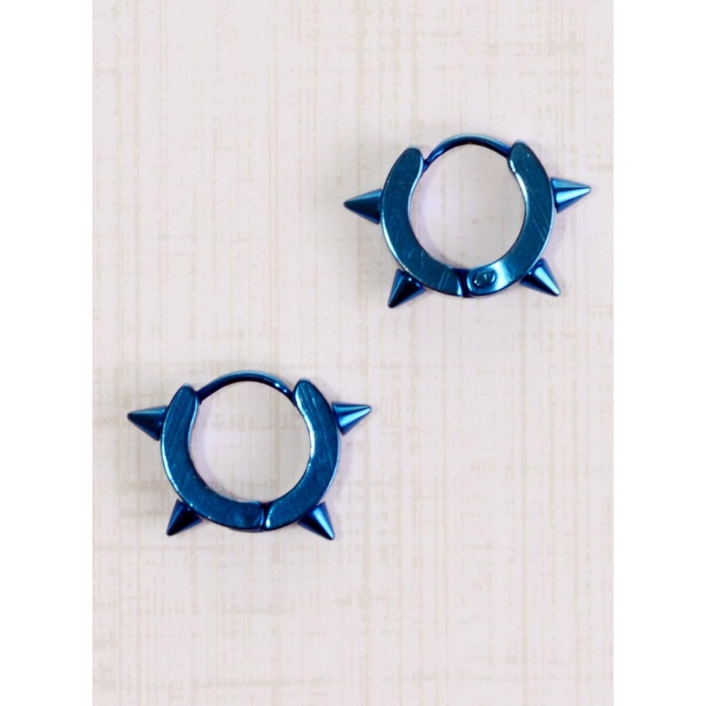 NEW Inked Blue Anodized Steel Spike Earrings Hoops Blue Punk Goth Wicked